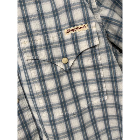 Lucky Brand Western Button Down Pearl Snap Short Sleeve Medium Blue White Plaid - Picture 2 of 7